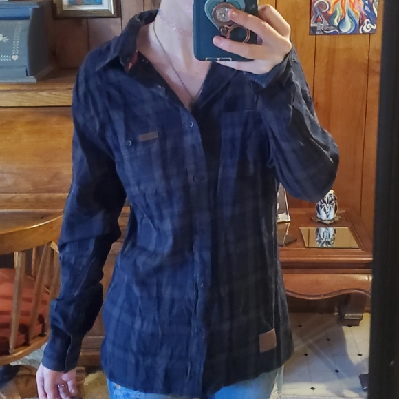 Indian Motorcycle navy blue gray and black plaid button down longsleeve shirt. - Picture 10 of 16